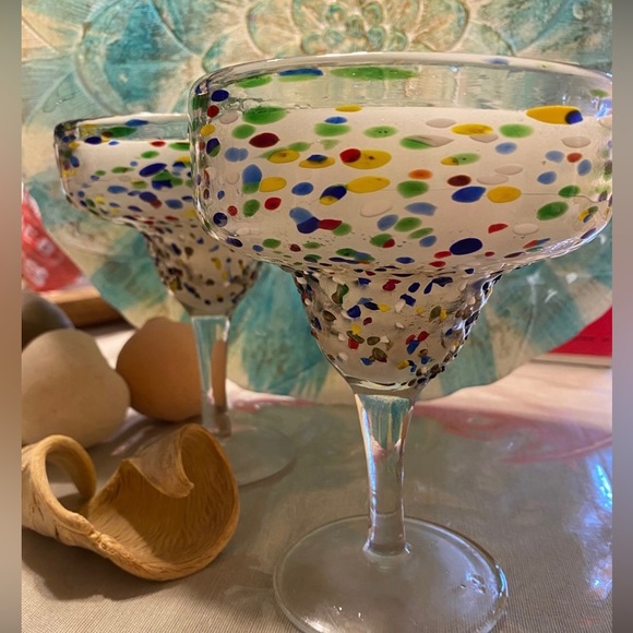 Mexican Hand Blown Glass Multicolor Confetti Dots Margarita Candle, Set of 2